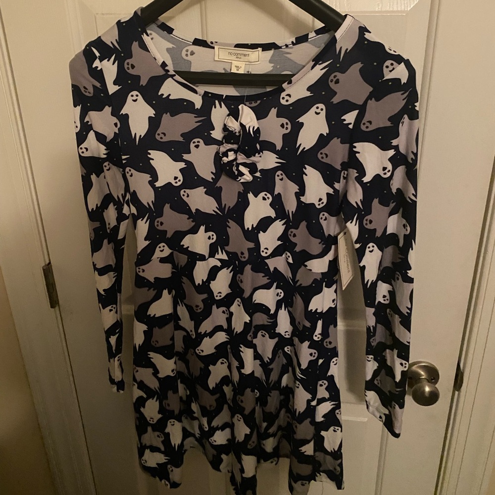 No Comment Womens HalloweenDress Med Ghost Print Blue w/ hair Scrunchie costume